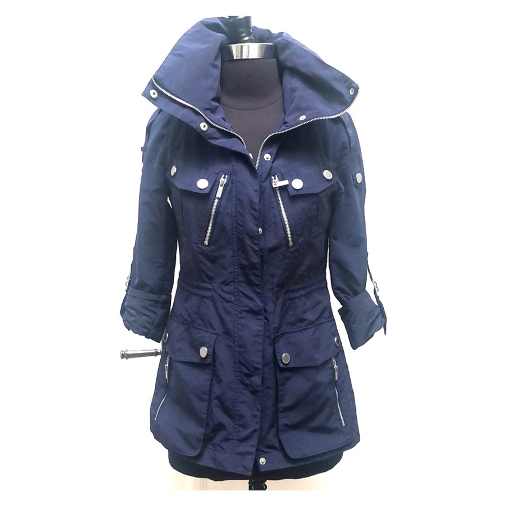 BCBG navy hip length trench